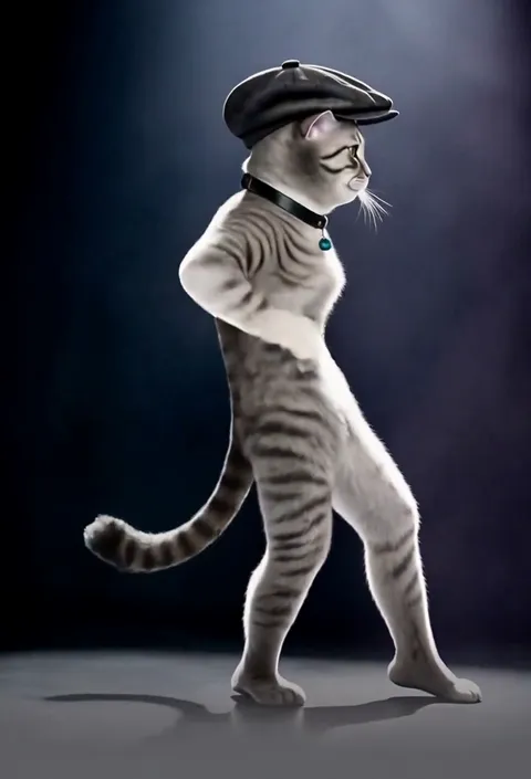 A grey cat in a flat cap mid-step in a longer routine
