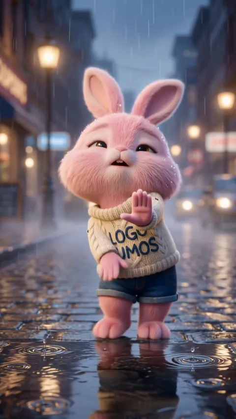 A pink cartoon rabbit dancing on a rainy street at night