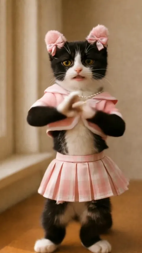A tuxedo cat in a pink outfit doing a simple dance, animated from a photo