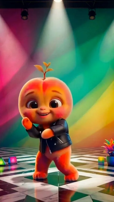 A peach character with arms and legs dancing under stage lights