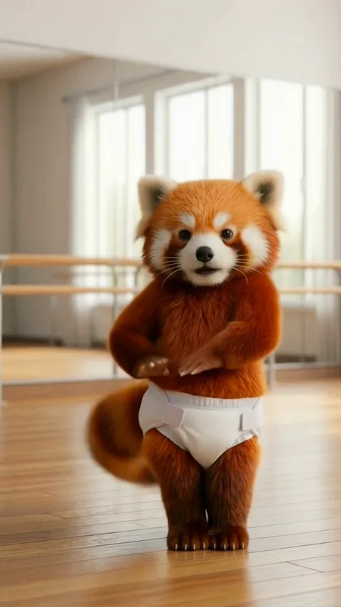 A red panda dancing in a ballet studio