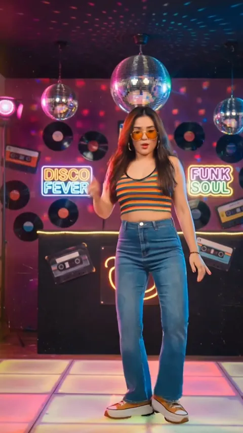 A woman dancing on a lit disco floor, generated from one full-body photo