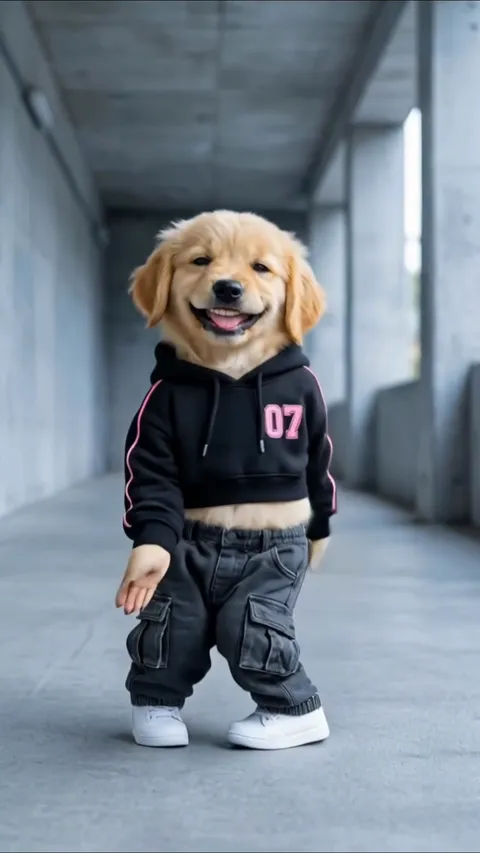 A golden retriever puppy in a hoodie dancing, animated from a single photo