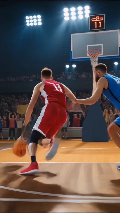A basketball player driving to the basket, a second face-swap template