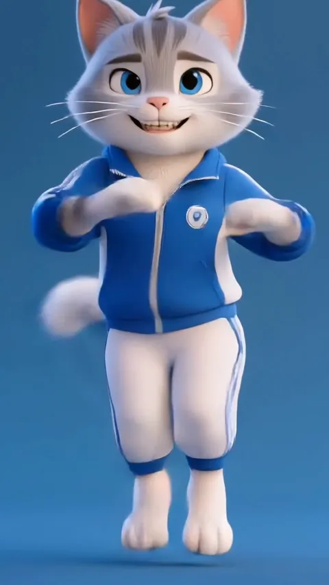 A cat in a blue tracksuit mid-routine, animated from one photo