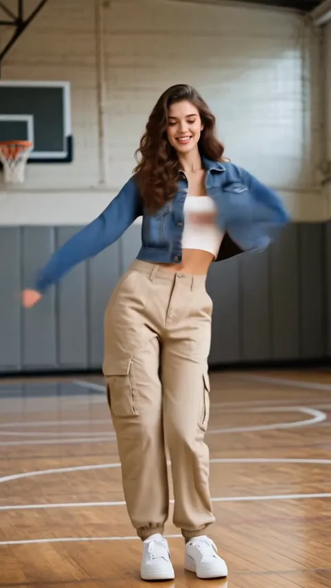 A woman dancing head to toe in a gym, generated from one full-body photo